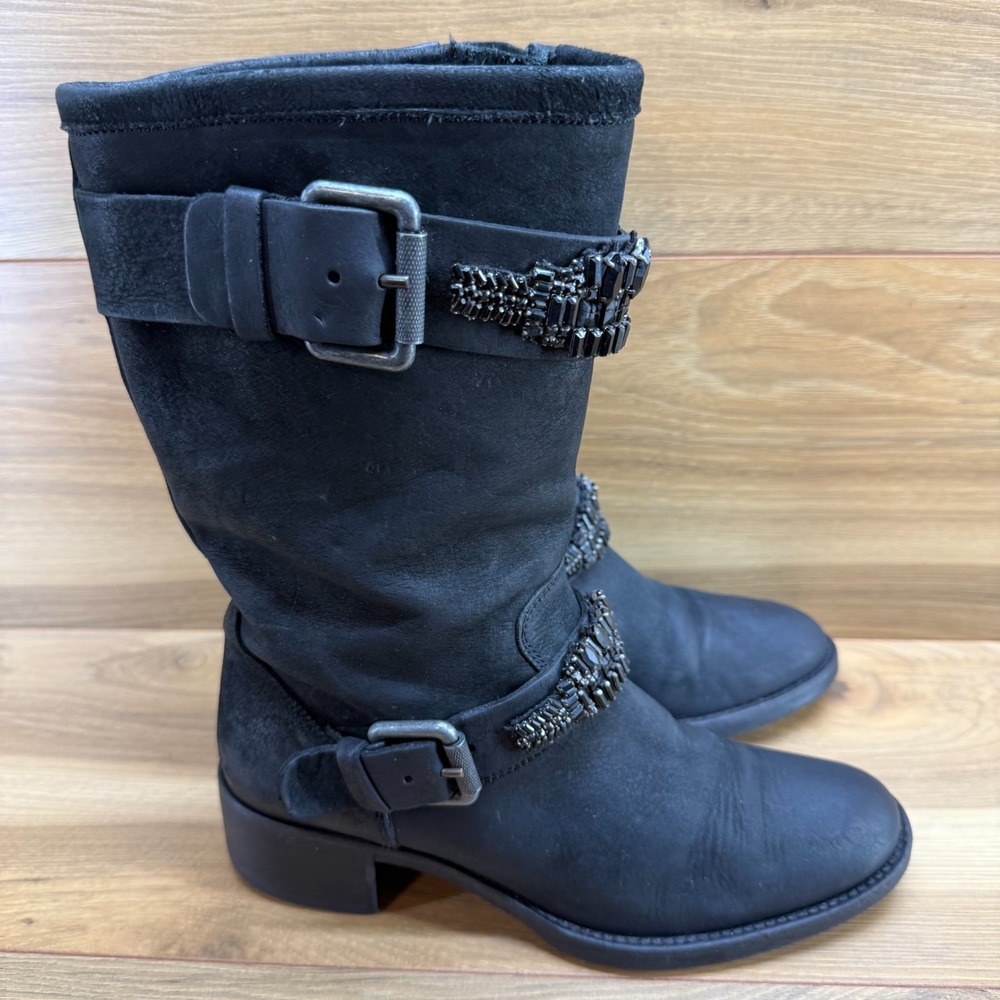 Vera Wang Lavender Boots Womens 8 EU 38 Black Leather Rhinestone Mid Calf Buckle